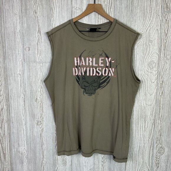 Vintage Harley Davidson Sleeveless Shirt Olive Green Orange Stitching Skull Size - Picture 1 of 7